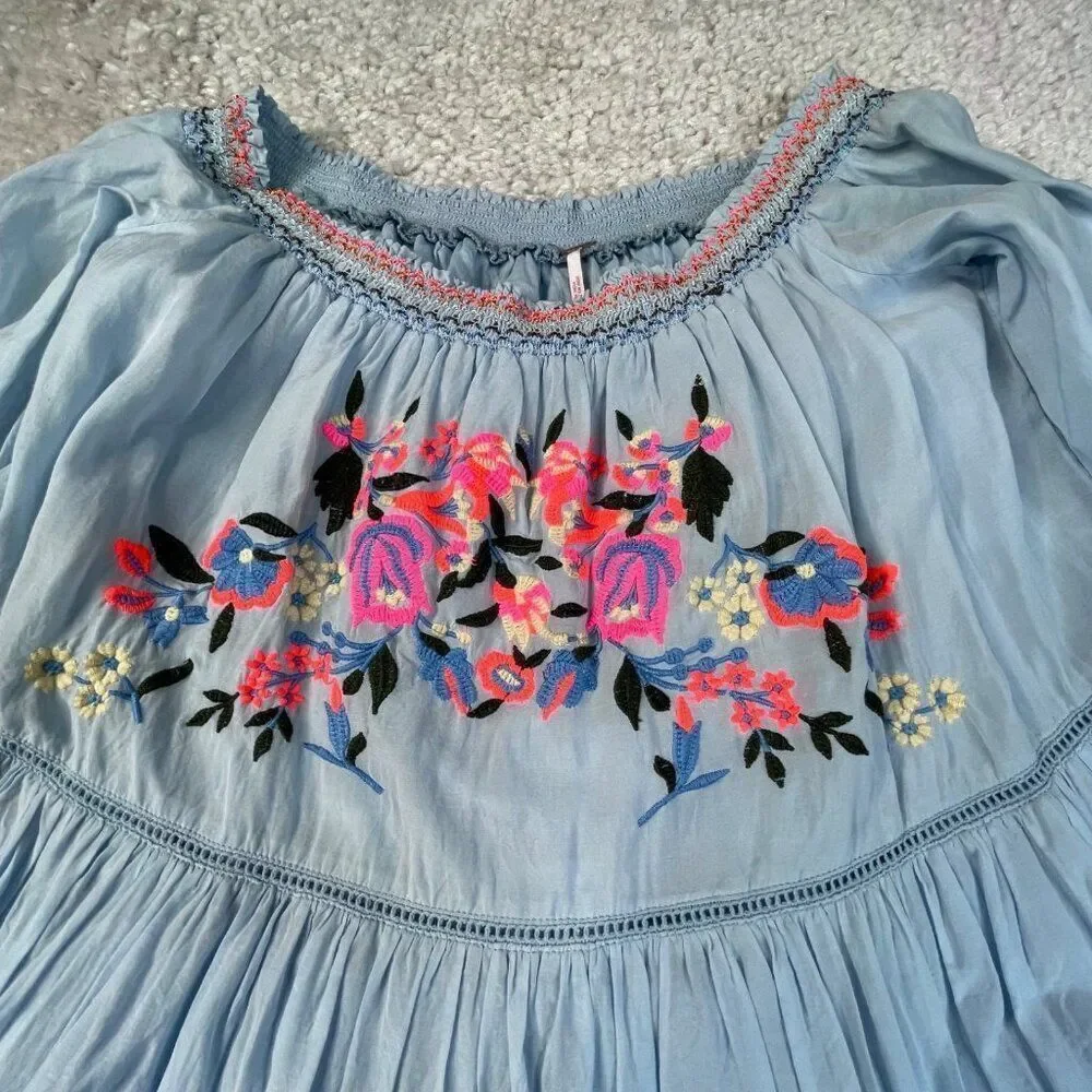 Free People Sunbeams Floral Embroidered Off Shoulder Dress Blue